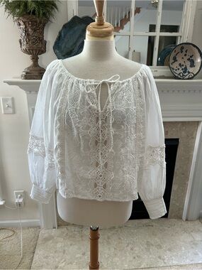 Jennifer & Grace White Lace Peasant Blouse with Tie Neck
